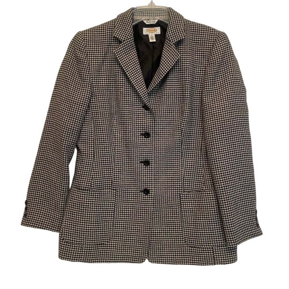 TALBOTS Petites Wool Houndstooth Blazer Italy Jacket 10 Black White Pockets